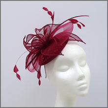 Load image into Gallery viewer, Burgundy Feather Mini Disc Fascinator for Wedding Guest
