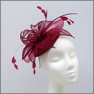 Burgundy Feather Mini Disc Fascinator for Wedding Guest