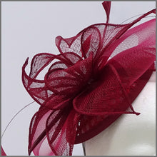 Load image into Gallery viewer, Burgundy Sinamay Feather Hatinator for Race Day
