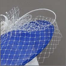 Load image into Gallery viewer, Cobalt Blue & White Race Day Sinamay Disc Fascinator on Headband