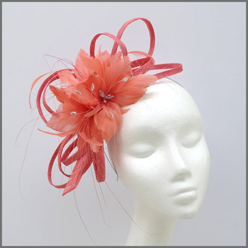 Coral Feather Flower Fascinator Headband for Wedding Guest
