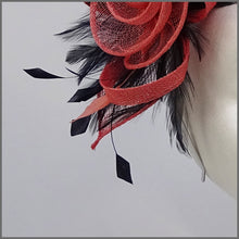Load image into Gallery viewer, Coral & Navy Floral Rose Fascinator on Headband