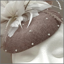 Load image into Gallery viewer, Elegant Latte &amp; White Pearl Disc Fascinator for Formal Event