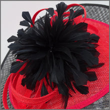 Load image into Gallery viewer, Black &amp; Red Feather Flower Disc Fascinator for Formal Event