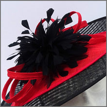 Load image into Gallery viewer, Black &amp; Red Feather Disc Fascinator for Royal Ascot or Kentucky Derby