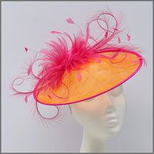 Load image into Gallery viewer, Formal Race Day Feather Hatinator in Orange &amp; Raspberry