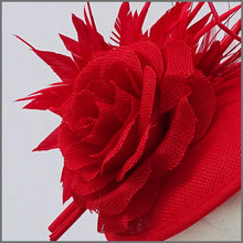 Load image into Gallery viewer, Red Rose Flower Mini Disc Feather Fascinator