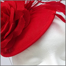 Load image into Gallery viewer, Red Rose Mini Disc Feather Fascinator for Ladies Day