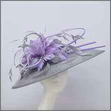 Load image into Gallery viewer, Metallic Silver &amp; Lilac Feather Disc Fascinator for Royal Ascot