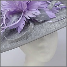 Load image into Gallery viewer, Metallic Silver &amp; Lilac Feather Disc Fascinator on Headband
