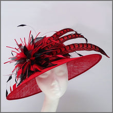 Load image into Gallery viewer, Wedding or Ascot Feather Hat in Red &amp; Black