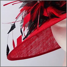 Load image into Gallery viewer, Wedding or Ascot Feather Hat in Red & Black