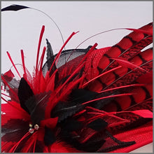 Load image into Gallery viewer, Wedding or Ascot Feather Hat in Red & Black