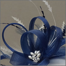Load image into Gallery viewer, Light Navy Blue &amp; White Wedding Guest Fascinator