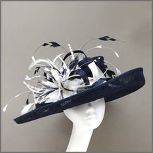 Load image into Gallery viewer, Mother of the Bride Hat in Navy Blue &amp; White