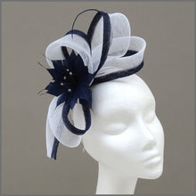 Load image into Gallery viewer, Navy Blue & White Flower Special Occasion Fascinator on Headband