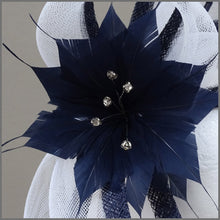 Load image into Gallery viewer, Navy Blue & White Flower Special Occasion Fascinator with Diamanté