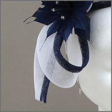 Load image into Gallery viewer, Navy Blue & White Flower Wedding Guest Fascinator