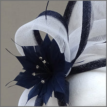 Load image into Gallery viewer, Navy Blue & White Flower Race Day Fascinator on Headband