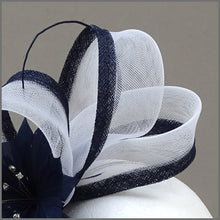 Load image into Gallery viewer, Navy Blue & White Feather Flower Crinoline Fascinator