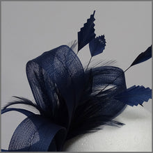 Load image into Gallery viewer, Navy Crinoline Special Occasion Feather Fascinator