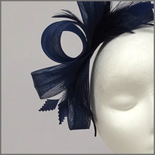 Load image into Gallery viewer, Navy Crinoline Wedding Guest Feather Fascinator on Headband