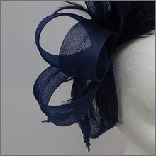 Load image into Gallery viewer, Navy Crinoline Wedding Guest Feather Fascinator