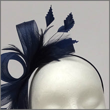 Load image into Gallery viewer, Navy Crinoline Wedding Guest Feather Fascinator on Headband