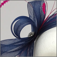 Load image into Gallery viewer, Navy &amp; Fuchsia Looped Fascinator with Diamanté