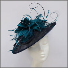 Load image into Gallery viewer, Navy &amp; Teal Green Feather Hatinator for Wedding