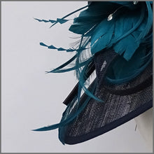 Load image into Gallery viewer, Navy &amp; Teal Green Feather Disc Fascinator for Wedding