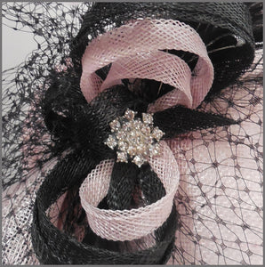 Pale Pink & Black Disc Fascinator with Netting