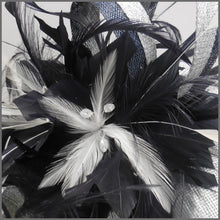 Load image into Gallery viewer, Silver &amp; Navy Feather Hatinator for Ladies Day