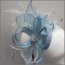 Load image into Gallery viewer, Small Pale Blue Feather Fascinator with Diamanté