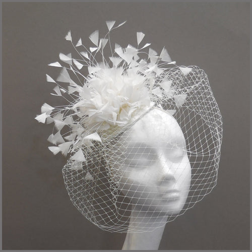 Bridal Wedding Feather Fascinator with Veil in White