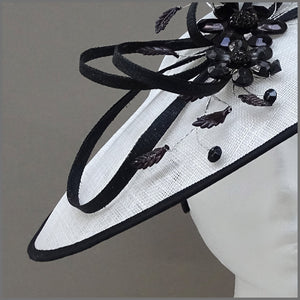 White & Black Crystal Flower Disc Fascinator on Headband