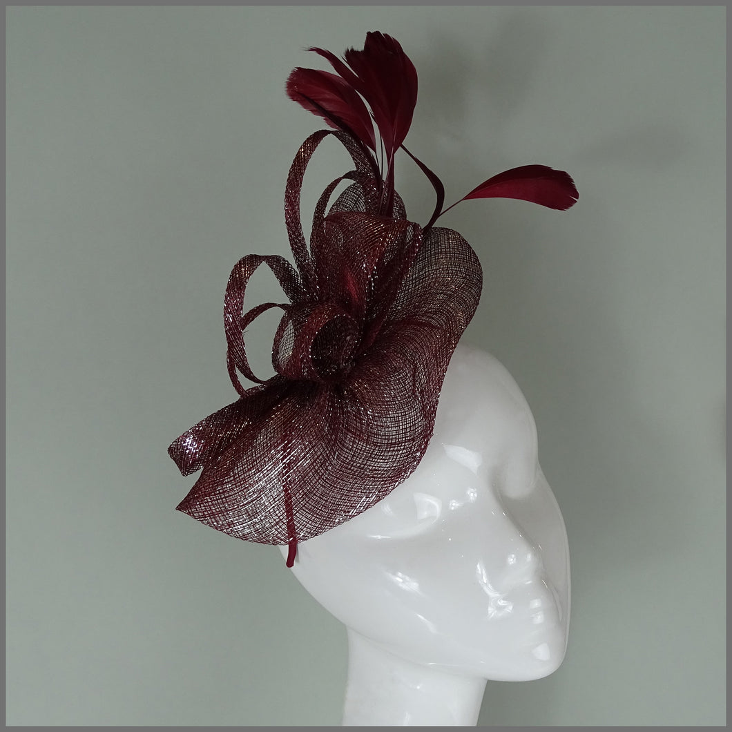 Heidi Disc Fascinator - Burgundy Red & Silver