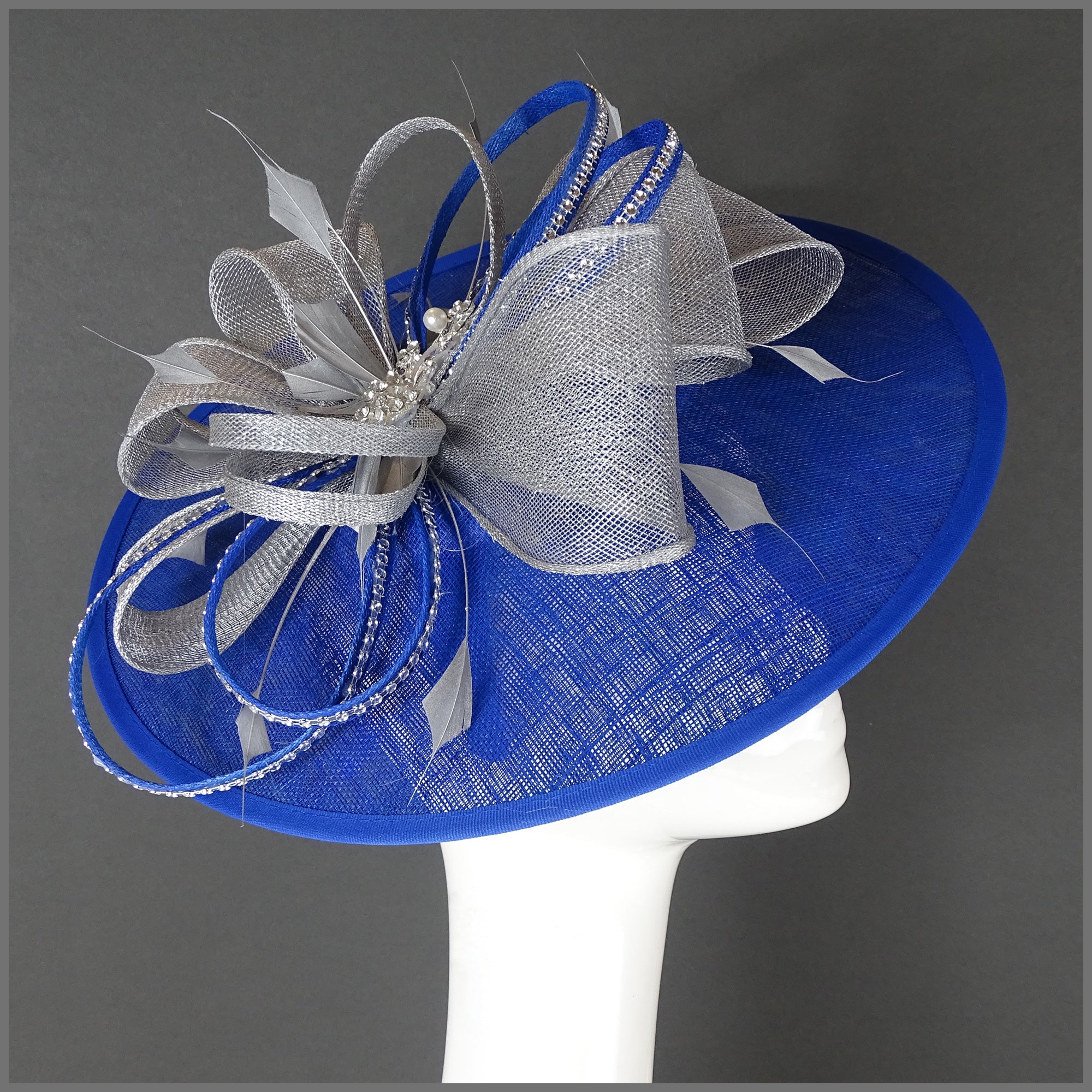 Structured Disc Fascinator Wedding Disc Fascinator in Colbalt Blue & Silver | Jacqui Vale Designs