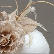 Load image into Gallery viewer, Nude/Blush Pink Flower Fascinator with Ostrich Quill