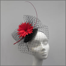Load image into Gallery viewer, Red &amp; Black Birdcage Veil Fascinator for Ascot