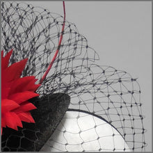Load image into Gallery viewer, Red &amp; Black Birdcage Veil Fascinator for Ascot