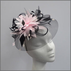 Black Crinoline Occasion Fascinator with Pink Feathers