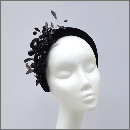 Black Velvet Bandeau Headband with Crystal Flowers for Special Occasion