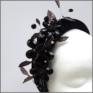 Black Velvet Bandeau Headband with Crystal Flowers for Wedding Guest