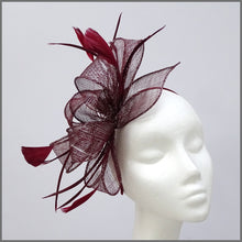 Load image into Gallery viewer, Burgundy &amp; Silver Sparkle Sinamay Special Occasion Fascinator