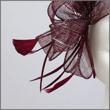 Load image into Gallery viewer, Burgundy &amp; Silver Sparkle Sinamay Fascinator on Headband