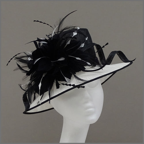 Formal Event Ladies Feather Hat in Black & White