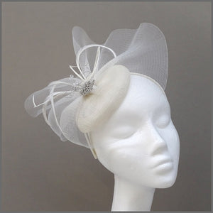 Classic White Pillbox Fascinator with Crystals