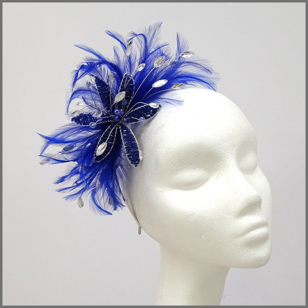 Cobalt Blue Feather Flower Fascinator for Wedding