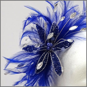 Cobalt Blue Feather Fascinator with Bead & Crystal Flower